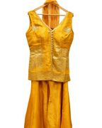 Regal Golden Embroidered Shimmer Backless Sharara Suit with Net Dupatta