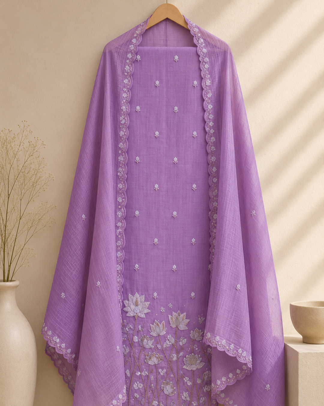 Mul Cotton Embroidered Unstitched Suit Set with Dupatta