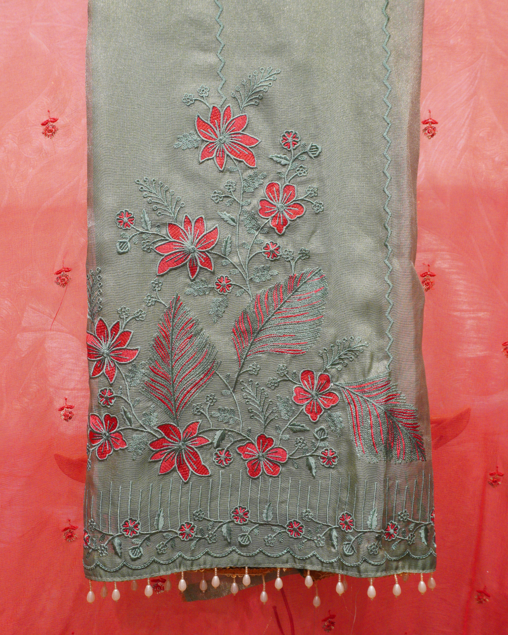 Gulnaar Thread Embroidered Shimmer Unstitched Suit Set