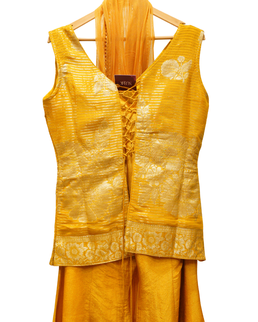 Regal Golden Embroidered Shimmer Backless Sharara Suit with Net Dupatta