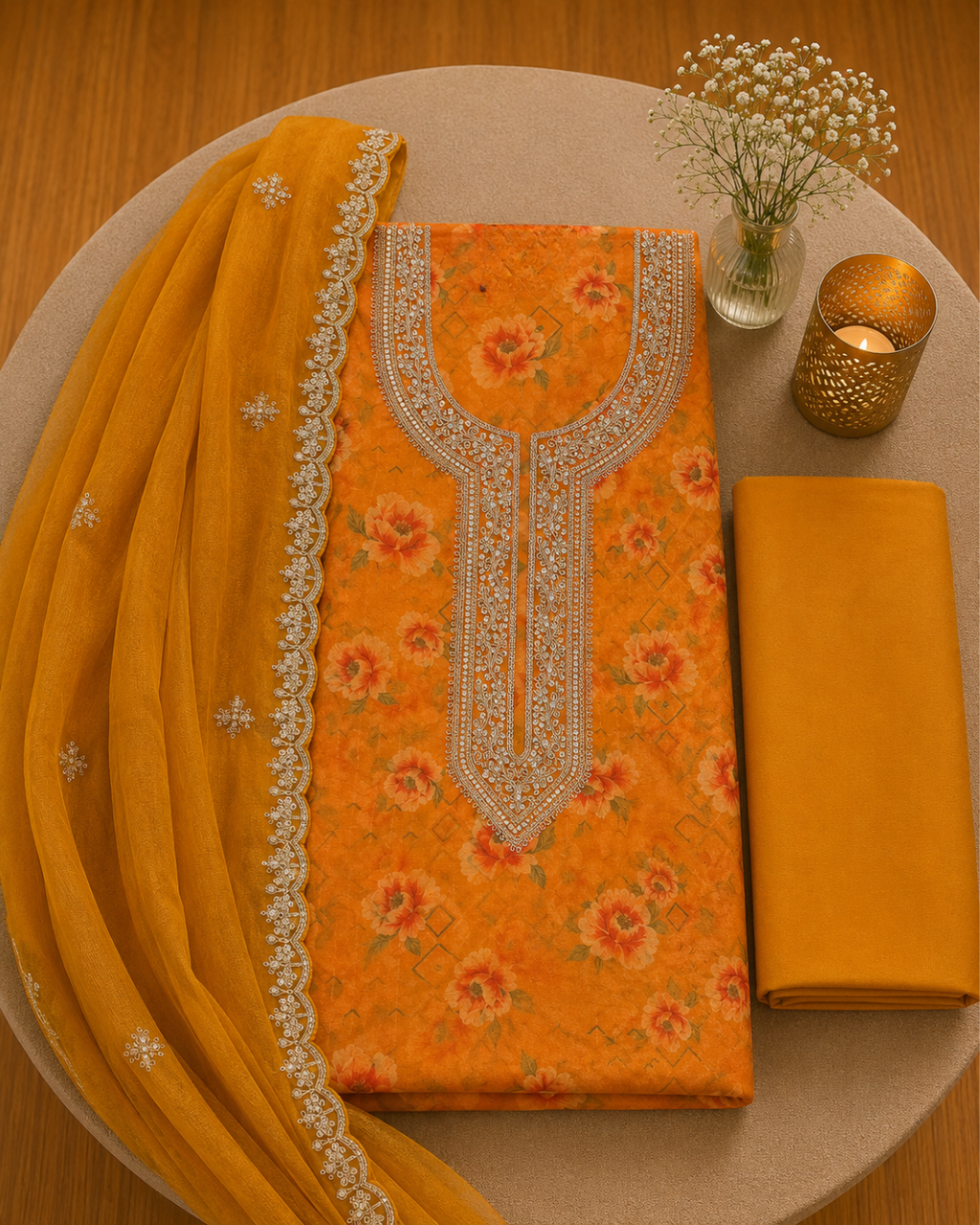 Arohi Orange Royale Unstitched Suit Set