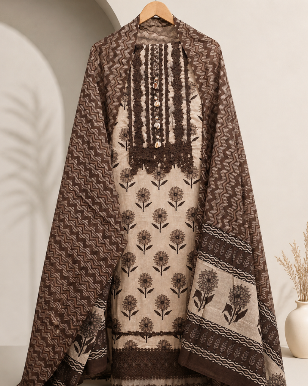 Coffee Bloom Printed Unstitched Suit Set with Dupatta
