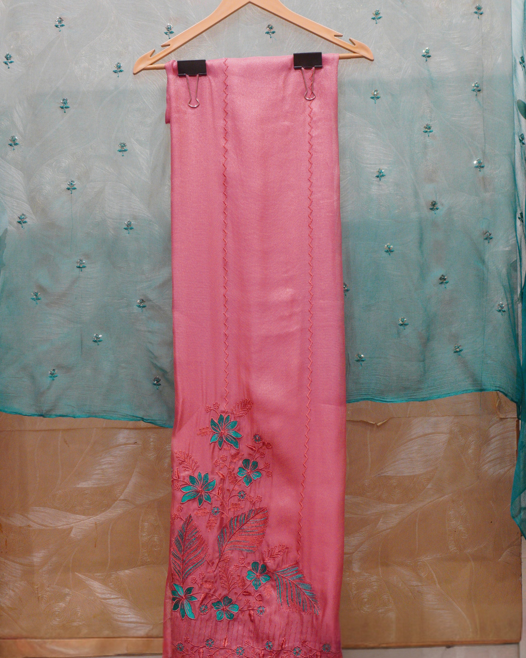 Gulnaar Thread Embroidered Shimmer Unstitched Suit Set