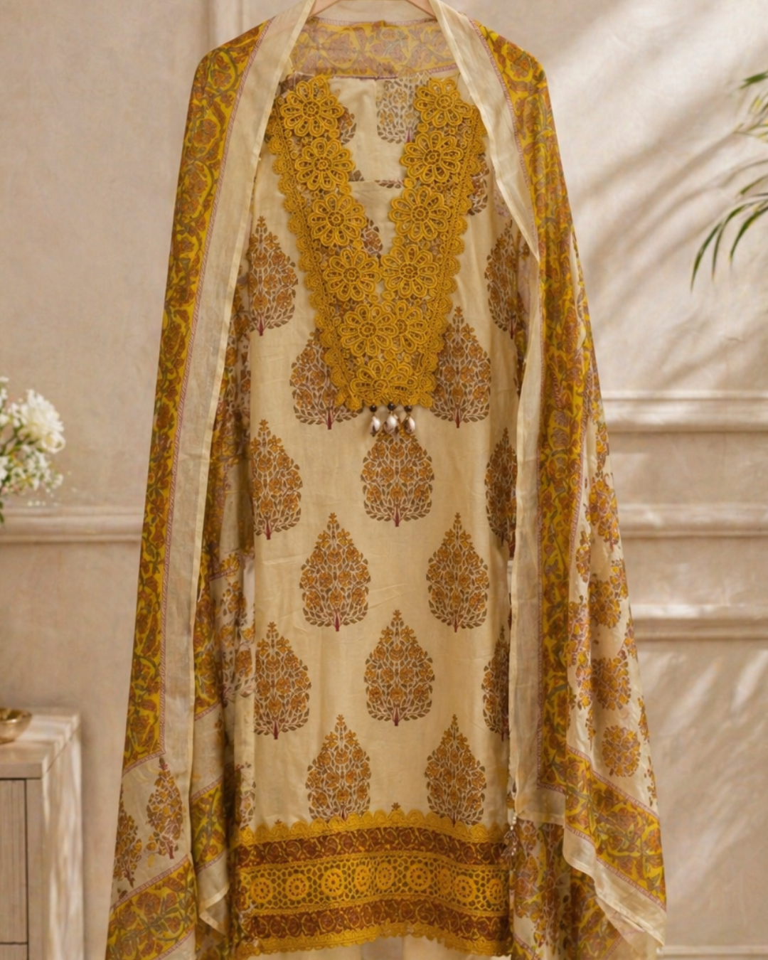 Mustard Lace Cotton Unstitched Suit Set with Dupatta