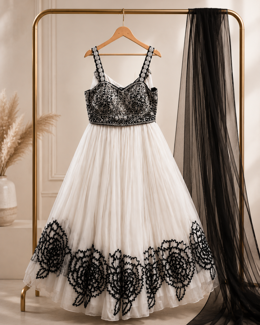 Midnight Ivory Bloom Embroidered Georgette Lehenga Set