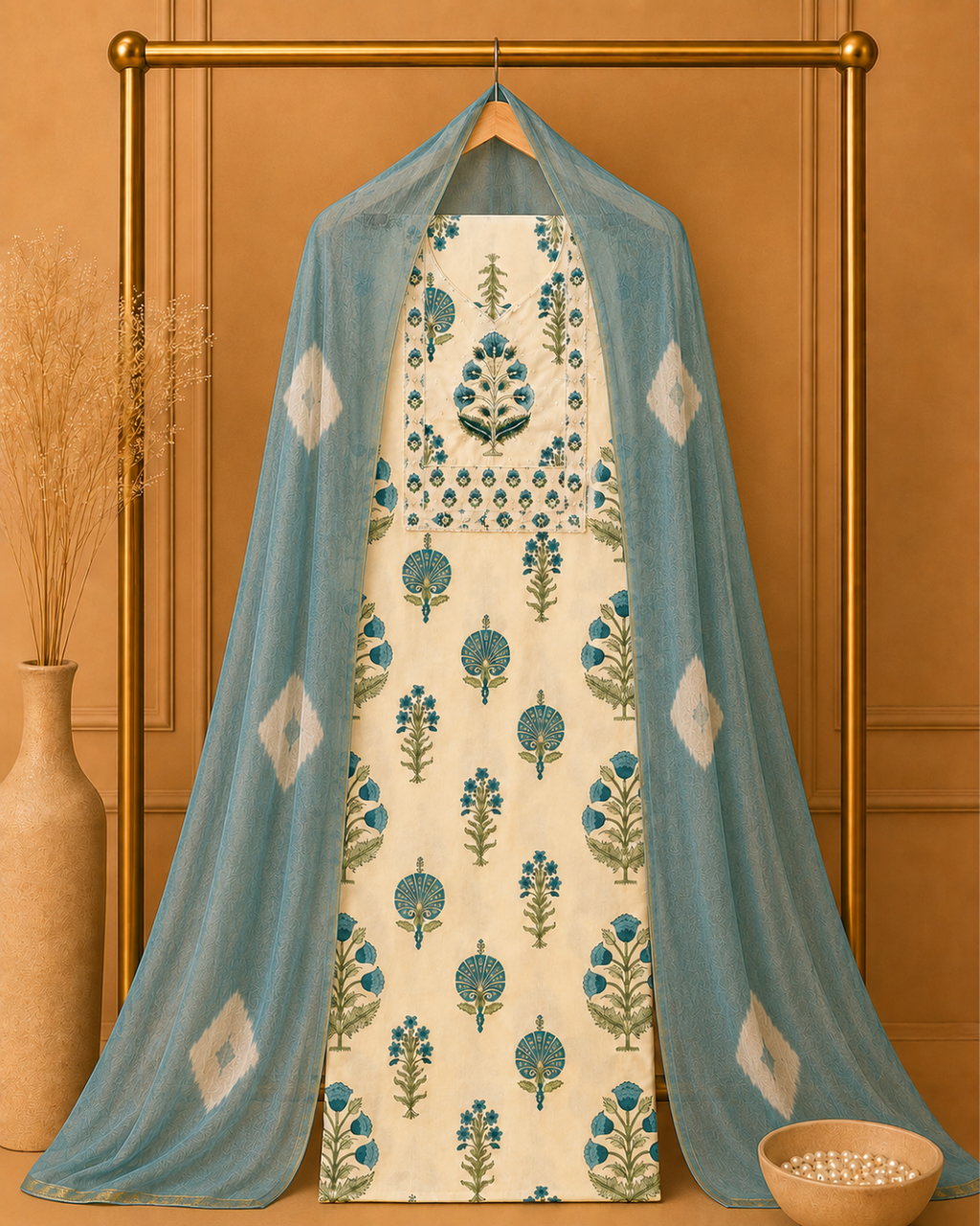 Floral Print Cotton Suit Fabric with Dupatta