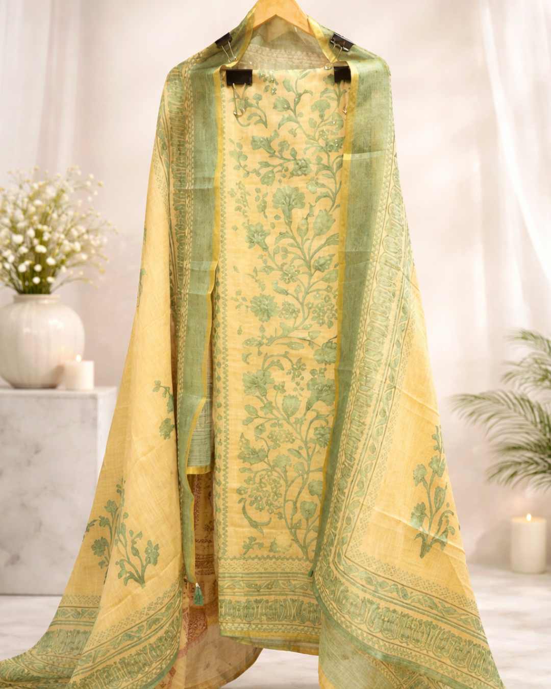 Floral Chanderi Unstitched Suit Set with Dupatta
