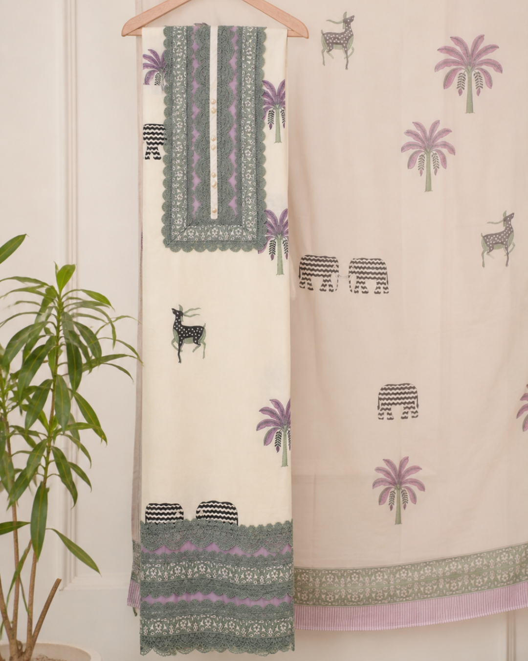 Ivory Printed Cotton Unstitched Suit with Sage Green Lace Detailing & Dupatta