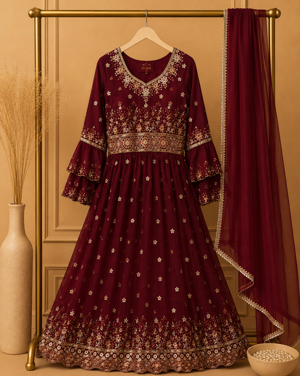 Maroon Naira Suit with Zari & Sequence Embroidery