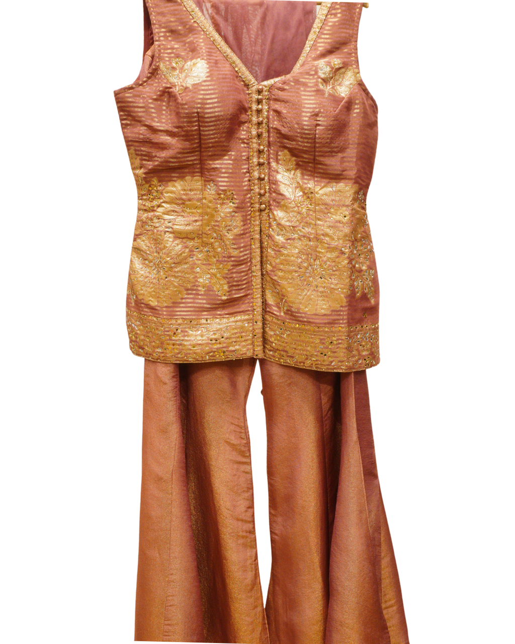 Regal Golden Embroidered Shimmer Backless Sharara Suit with Net Dupatta