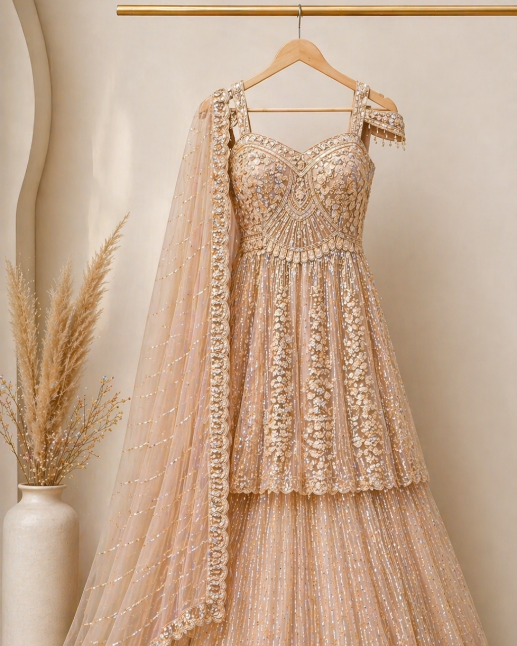 Champagne Noor Sequin & Katdana Embroidered Lehenga Set