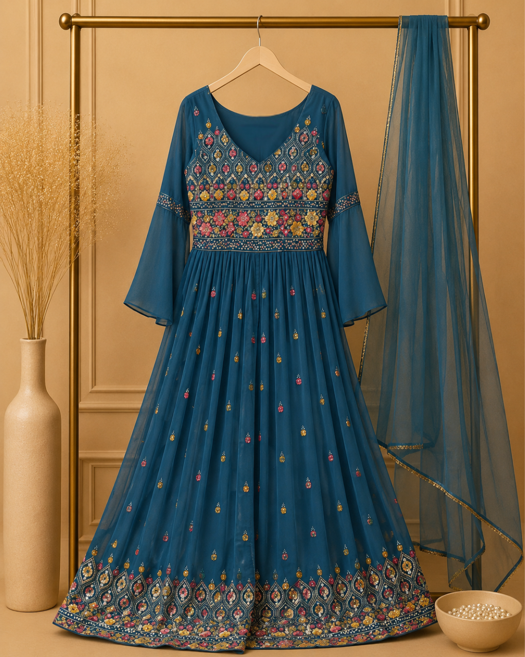Meher Teal Floral Embroidered Naira Suit Set
