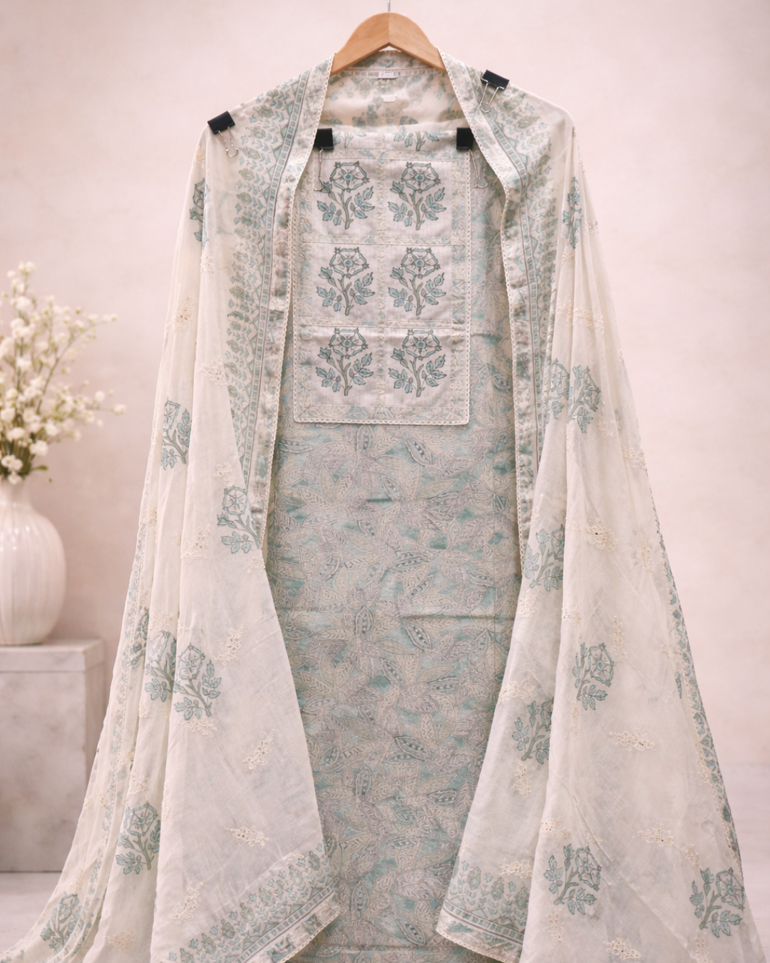 Aqua Floral Cotton Printed Suit Set with Dupatta
