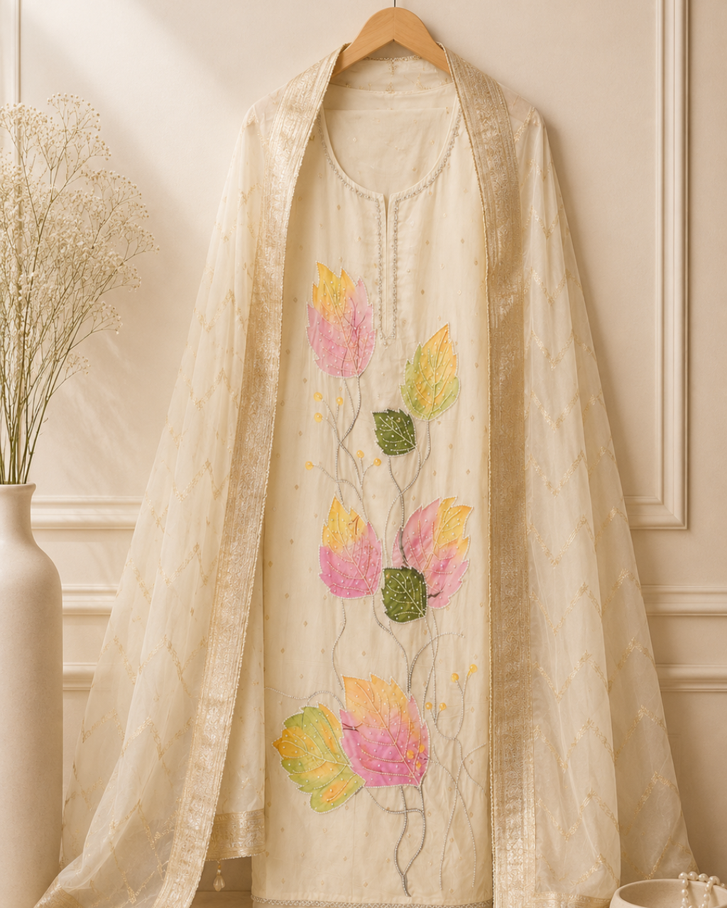 Hand Painted Pearl Work Kota Silk Unstitched Suit Set