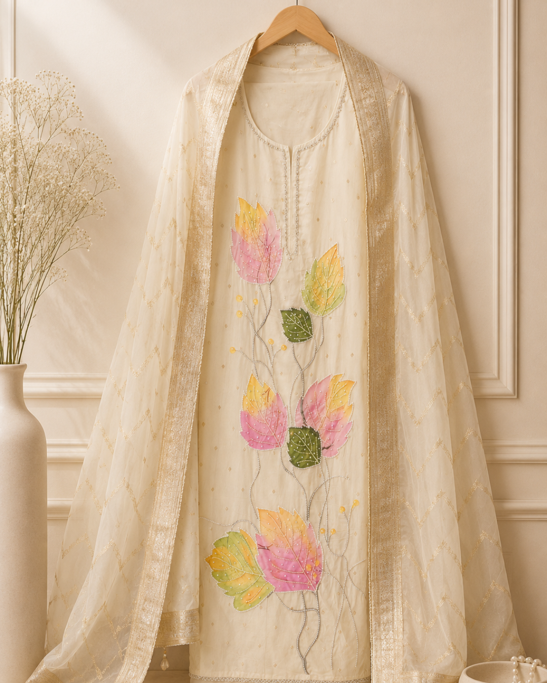 Hand Painted Pearl Work Kota Silk Unstitched Suit Set