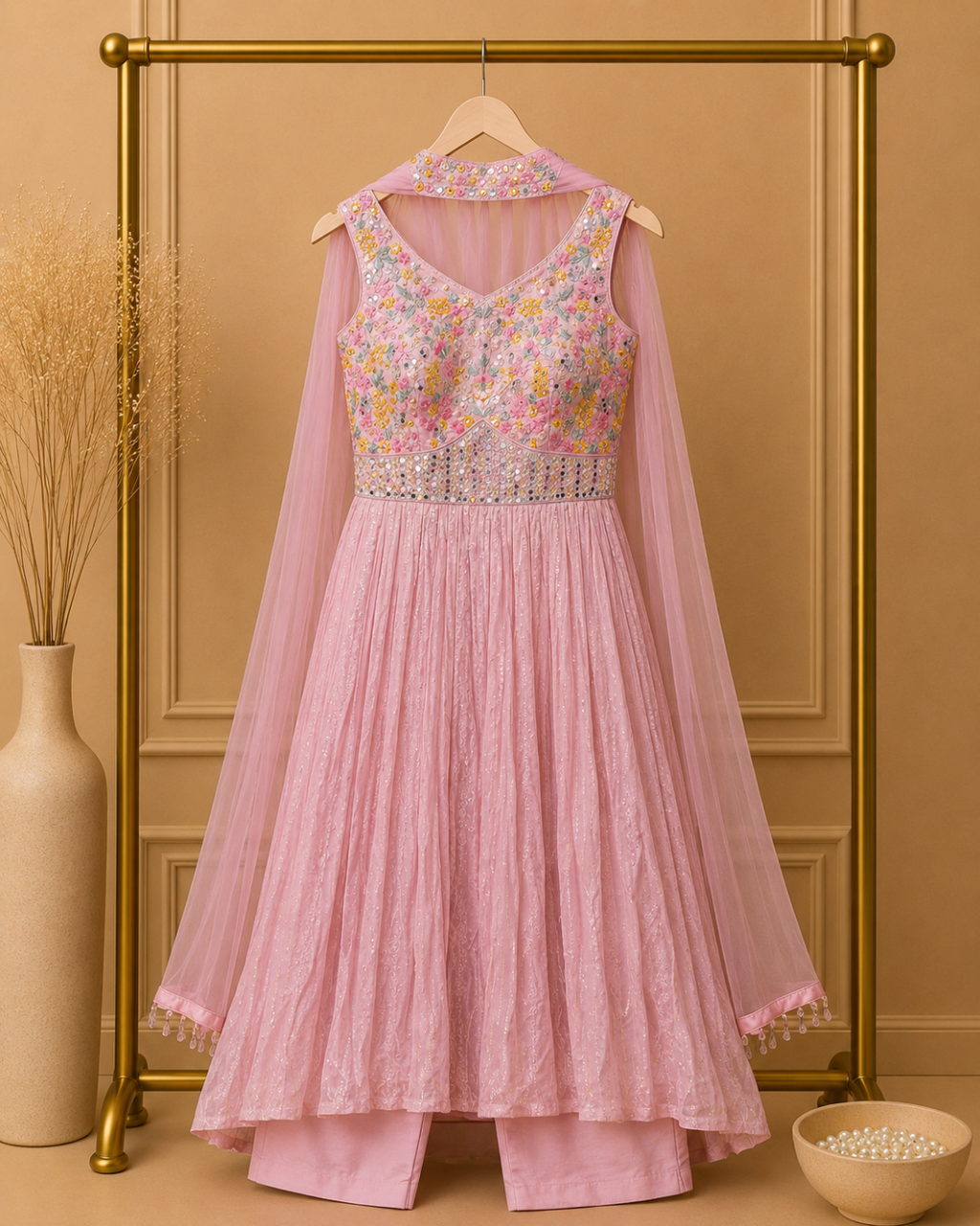 Blush Bloom Pink Choker Naira Suit with Floral Thread & Mirror Work