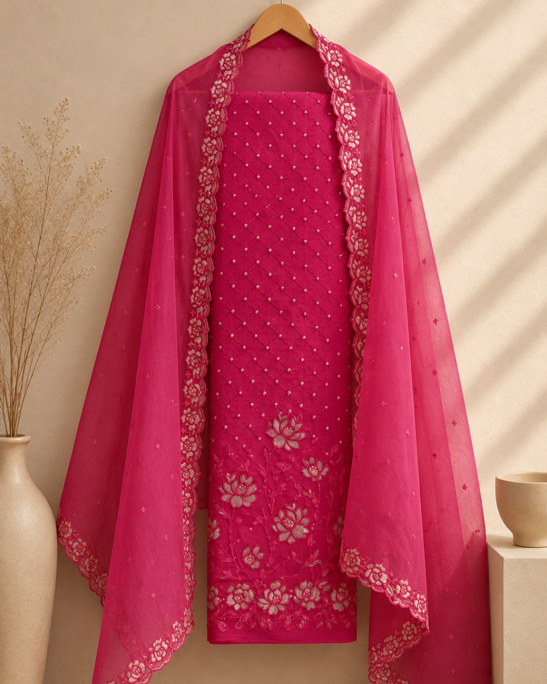Gulnaar Bandhej Mul Chanderi Unstitched Suit Set