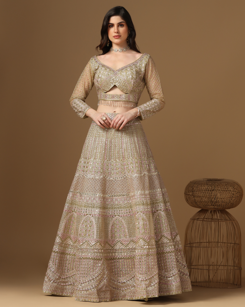 Olive Blush Mirrorwork Lehenga Set