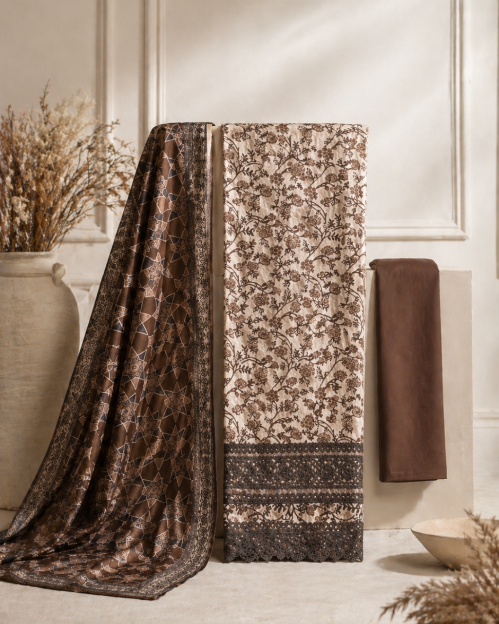 Mocha Floral Unstitched Suit Set
