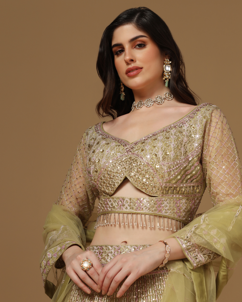 Olive Blush Mirrorwork Lehenga Set