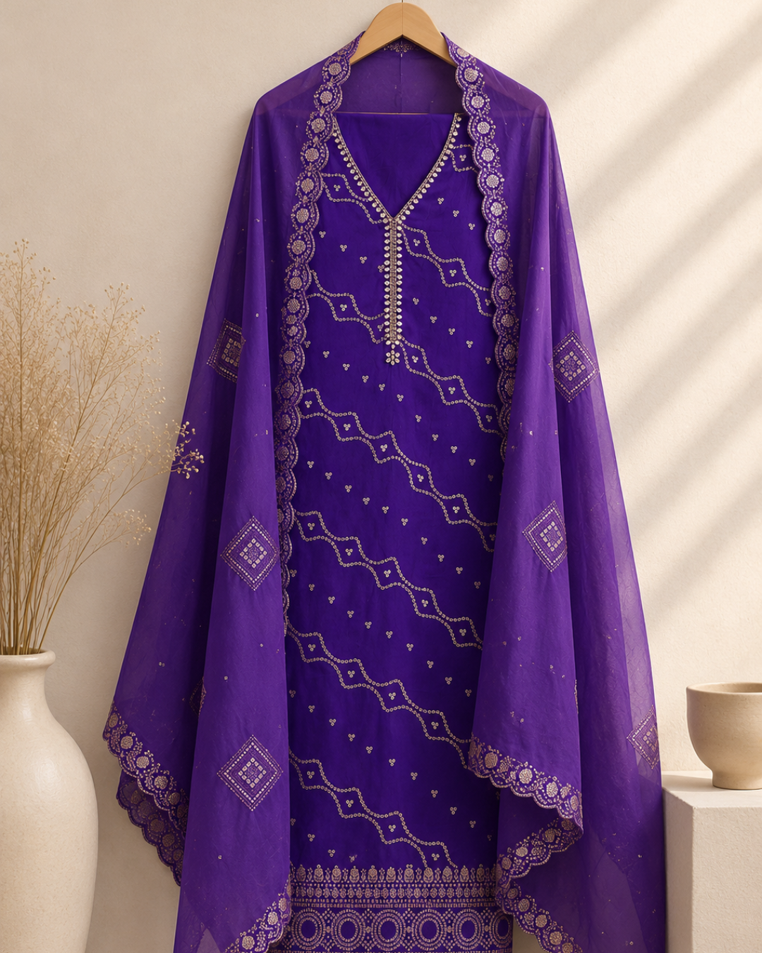 Royal Rouge Embroidered Chinon Suit Set with Dupatta