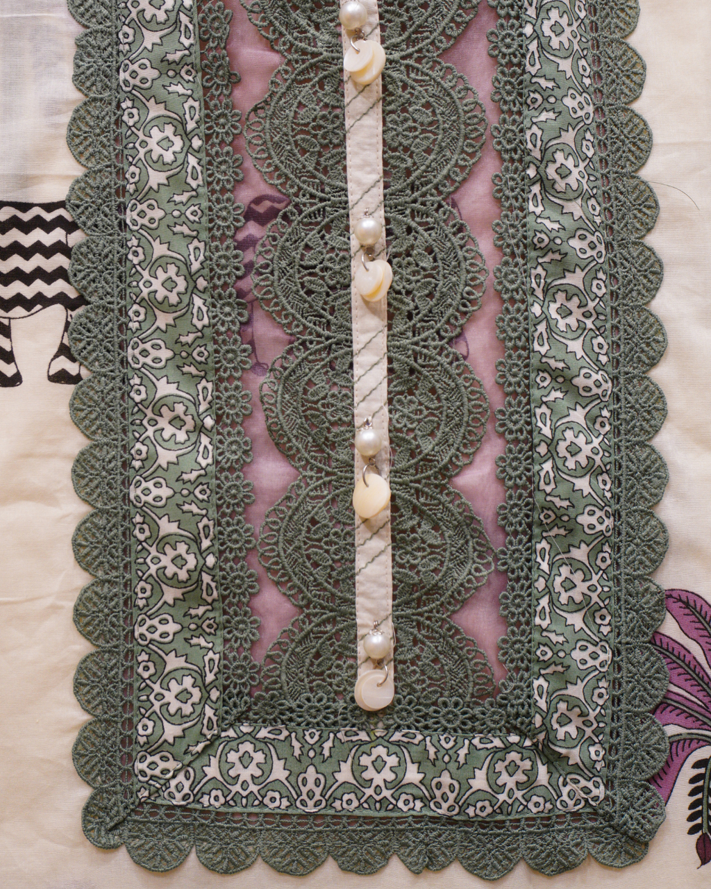 Ivory Printed Cotton Unstitched Suit with Sage Green Lace Detailing & Dupatta