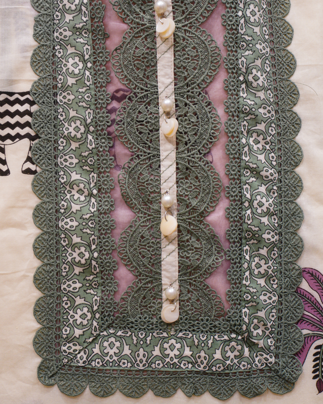 Ivory Printed Cotton Unstitched Suit with Sage Green Lace Detailing & Dupatta