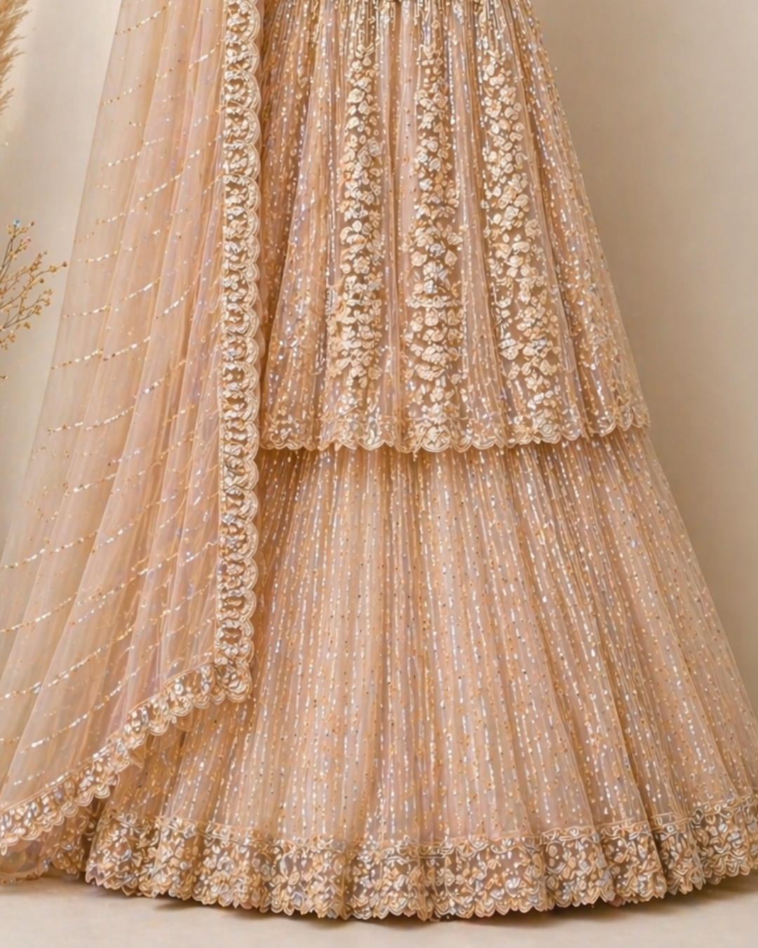 Champagne Noor Sequin & Katdana Embroidered Lehenga Set