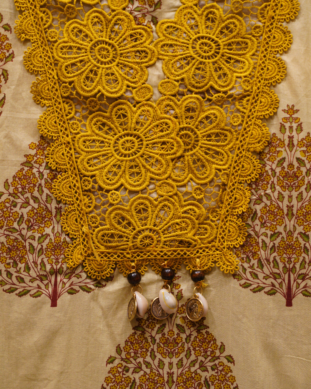 Mustard Lace Cotton Unstitched Suit Set with Dupatta