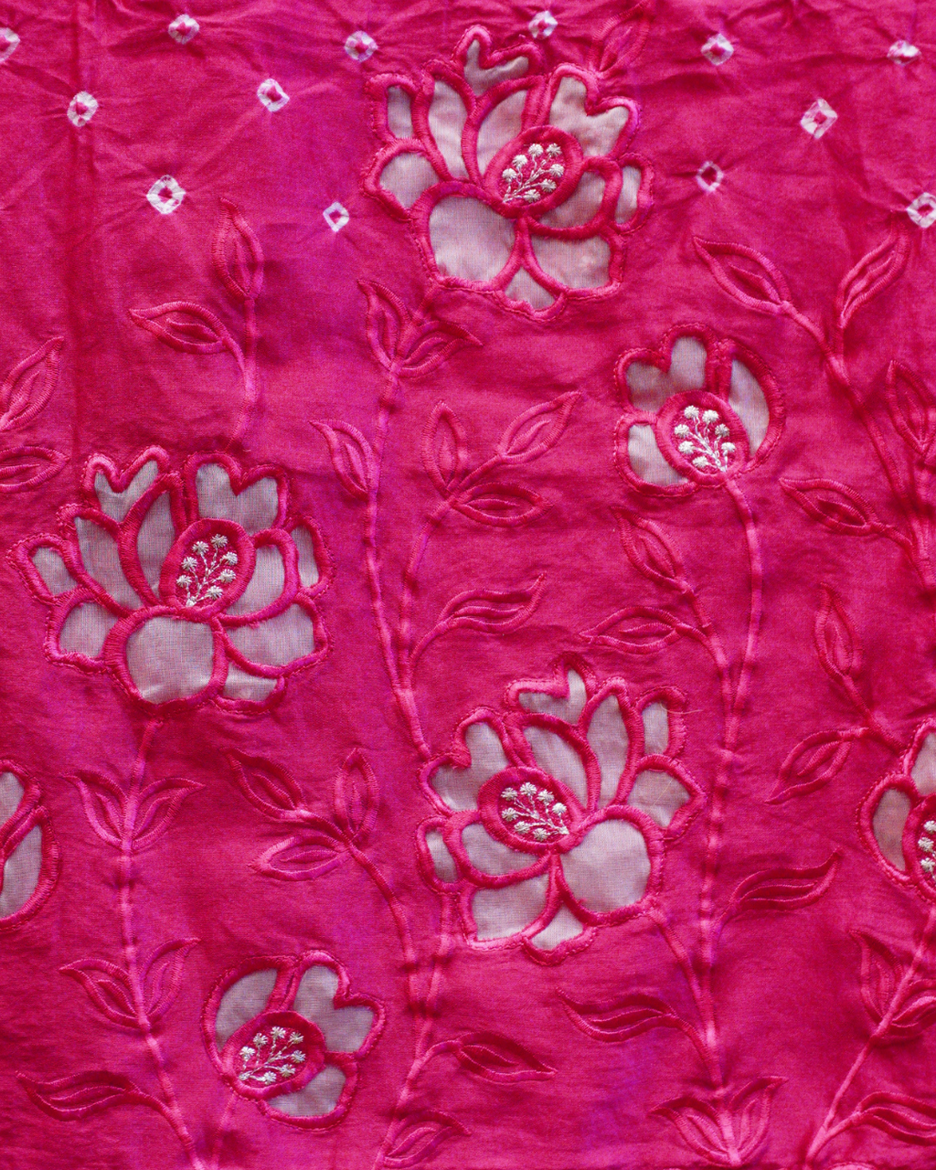 Gulnaar Bandhej Mul Chanderi Unstitched Suit Set