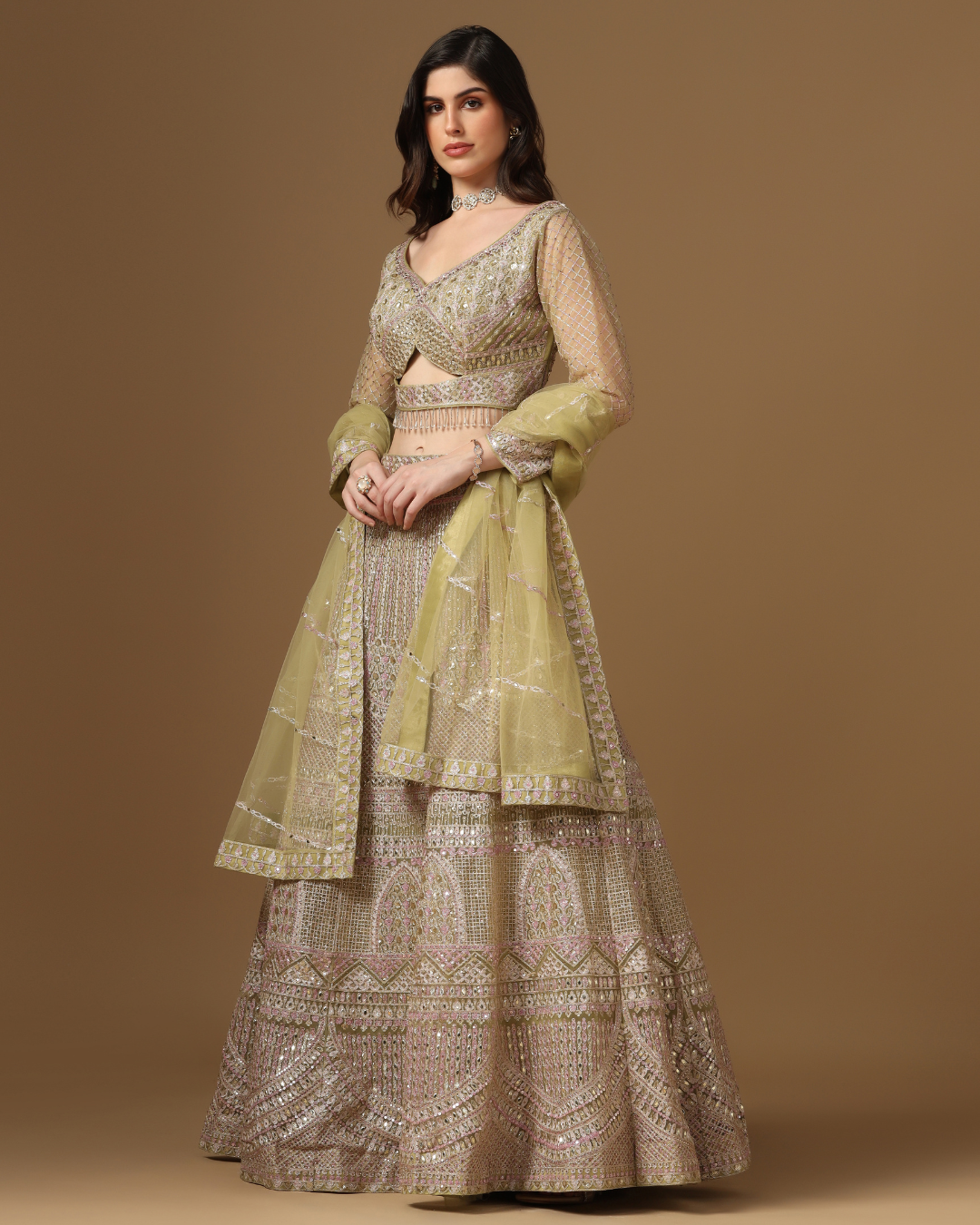 Olive Blush Mirrorwork Lehenga Set
