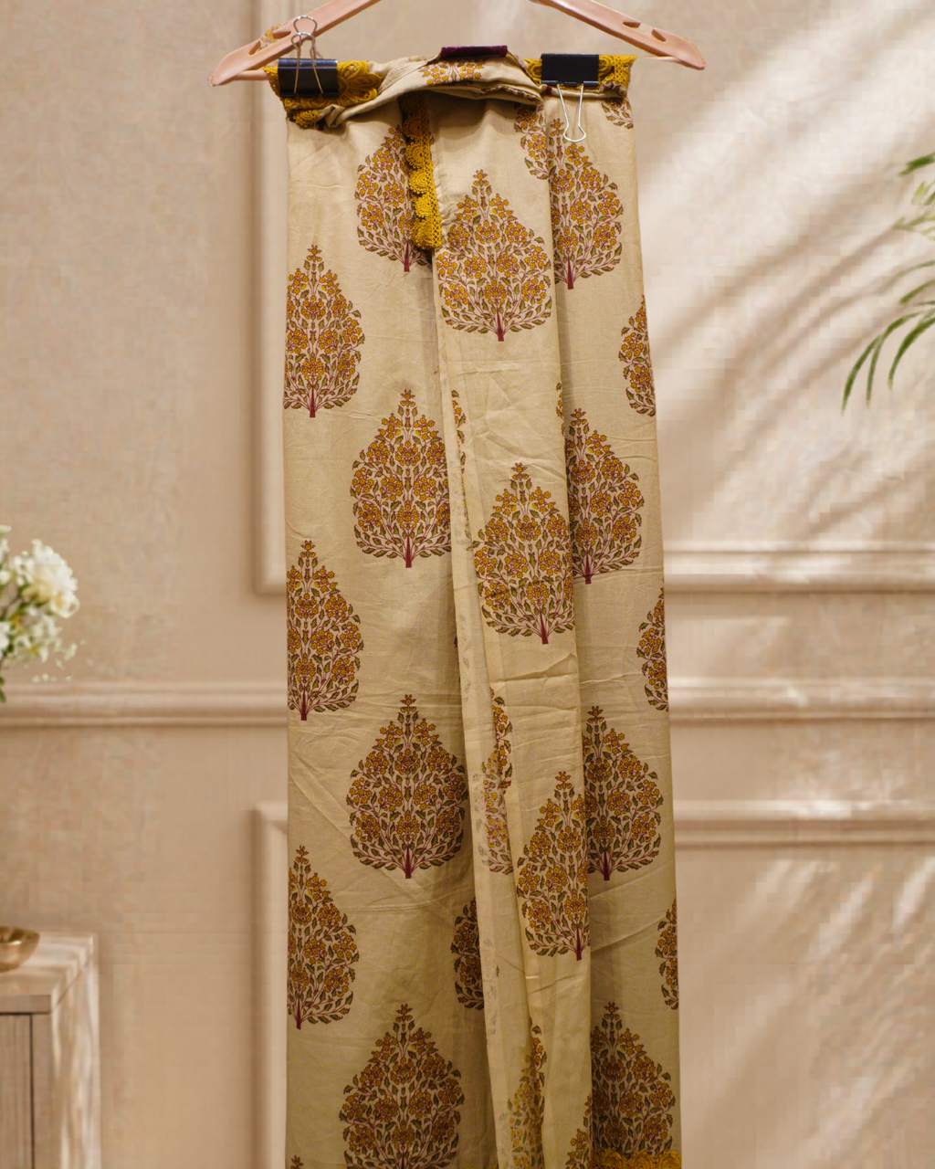 Mustard Lace Cotton Unstitched Suit Set with Dupatta