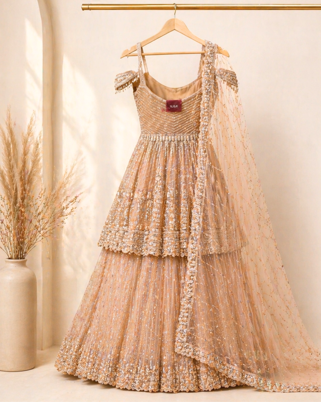Champagne Noor Sequin & Katdana Embroidered Lehenga Set