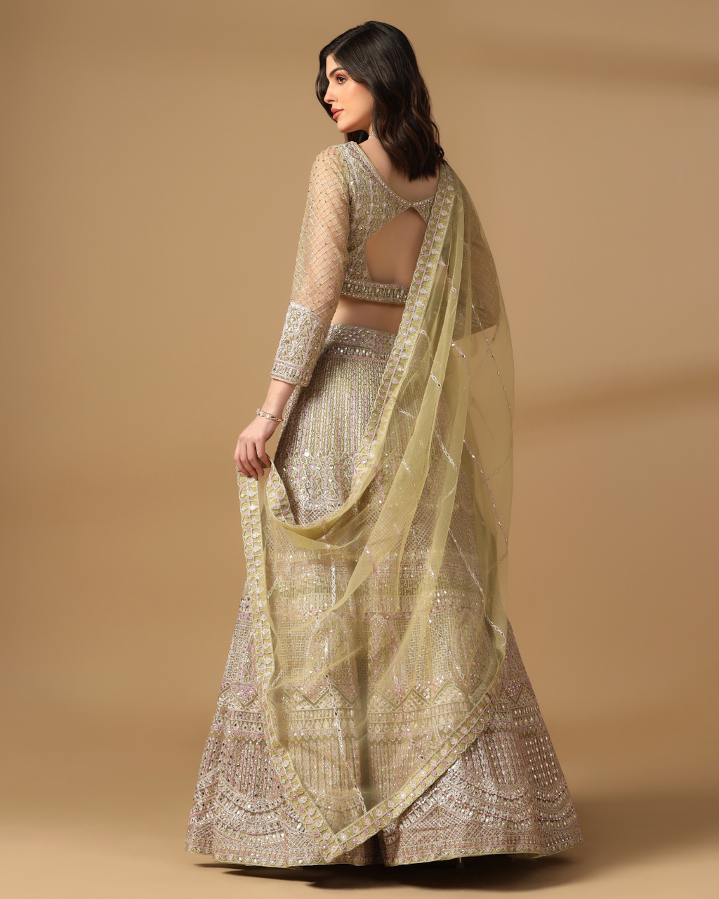 Olive Blush Mirrorwork Lehenga Set