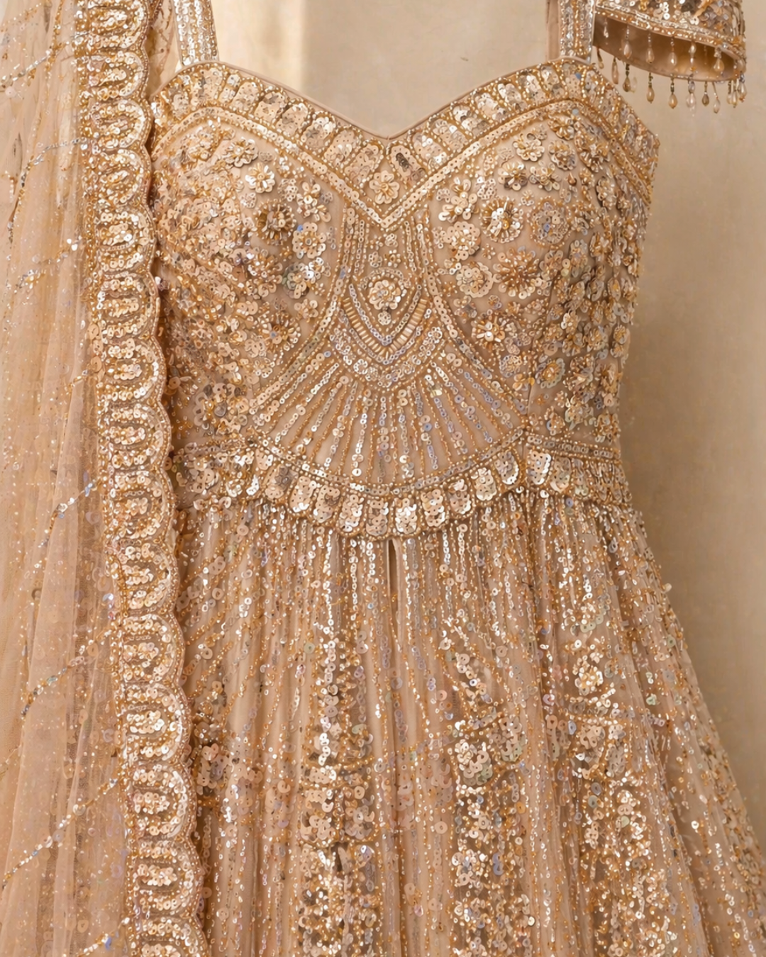 Champagne Noor Sequin & Katdana Embroidered Lehenga Set