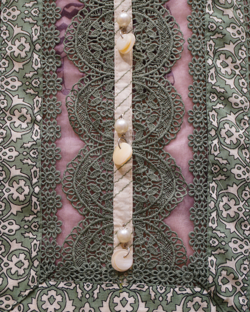 Ivory Printed Cotton Unstitched Suit with Sage Green Lace Detailing & Dupatta