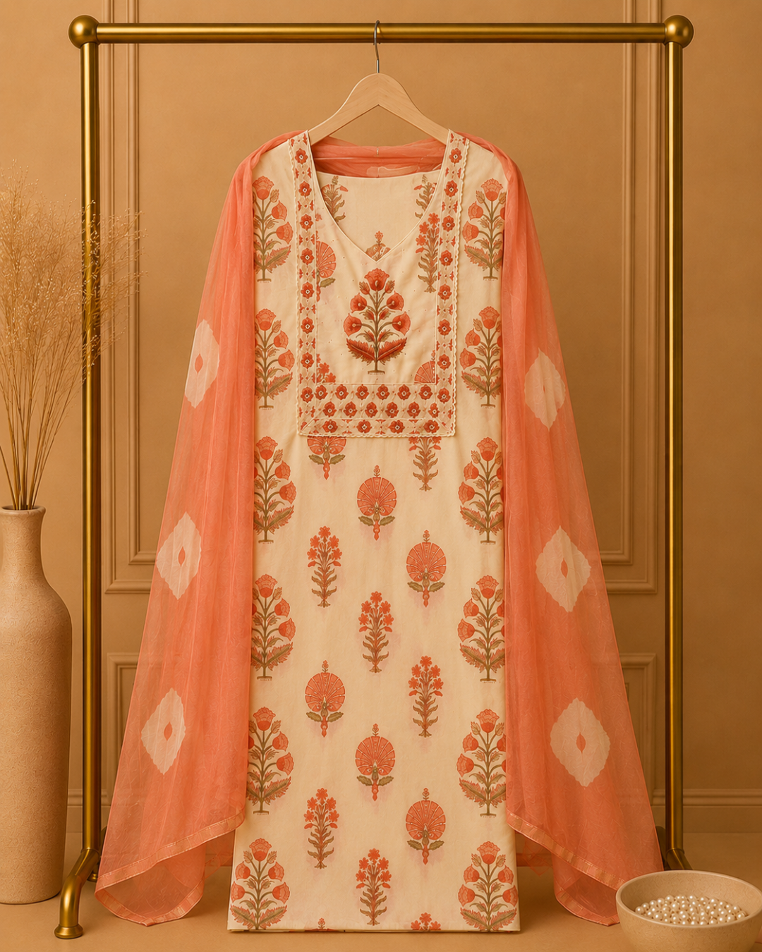 Floral Print Cotton Suit Fabric with Dupatta