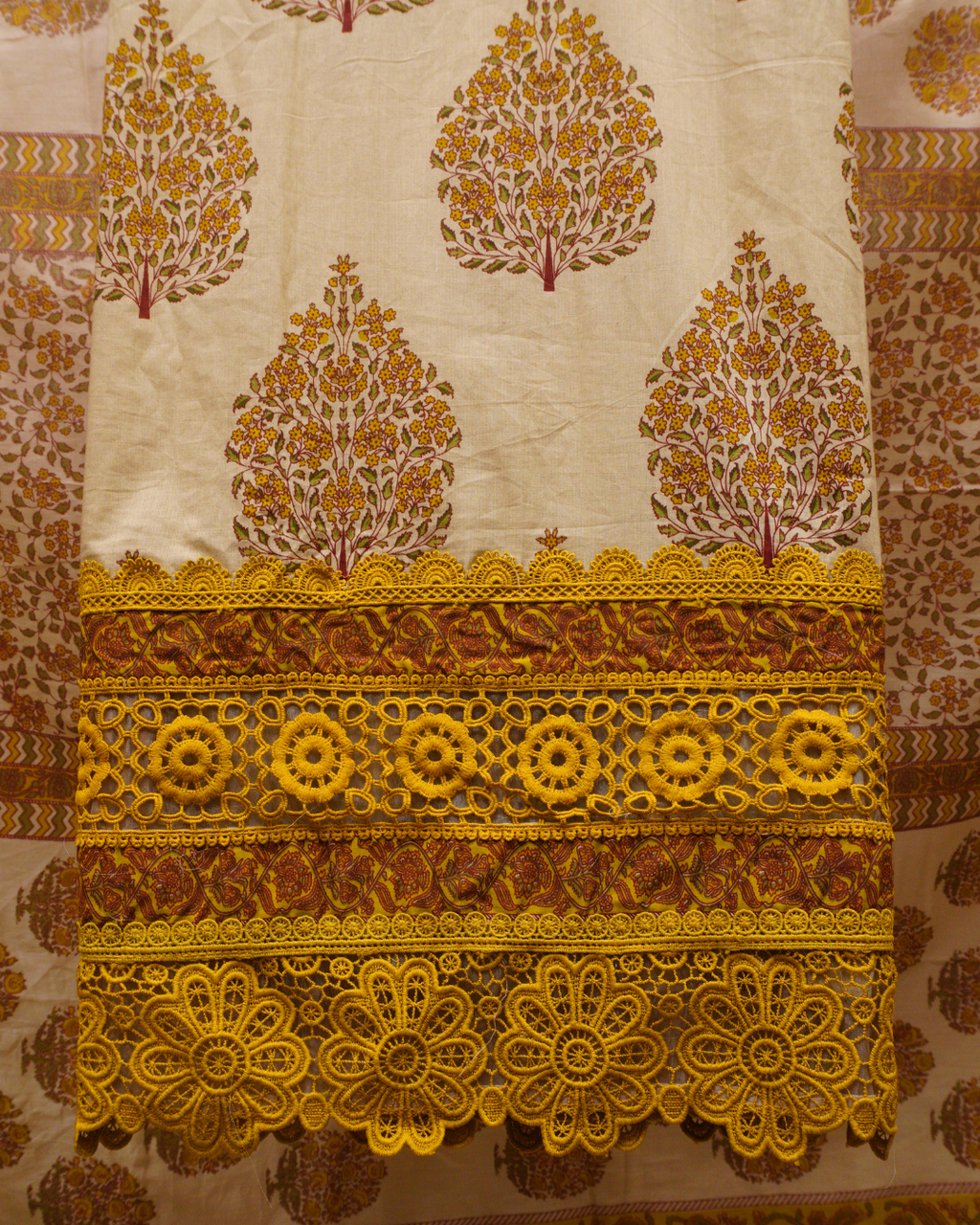 Mustard Lace Cotton Unstitched Suit Set with Dupatta
