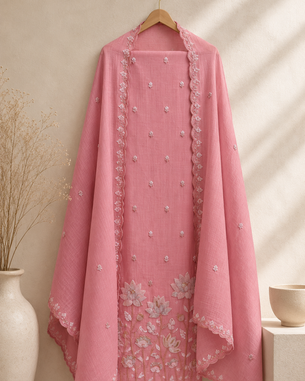 Mul Cotton Embroidered Unstitched Suit Set with Dupatta