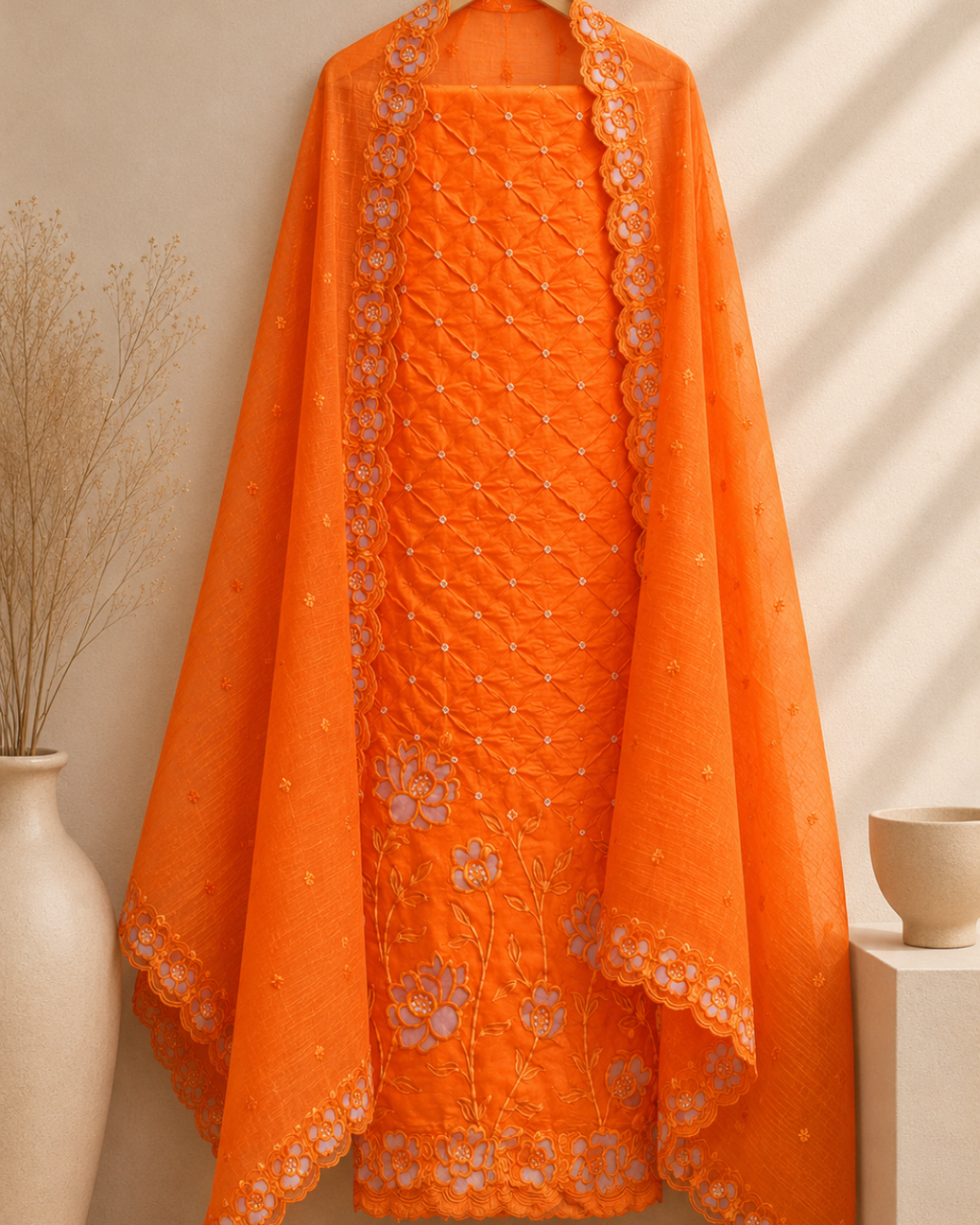 Gulnaar Bandhej Mul Chanderi Unstitched Suit Set