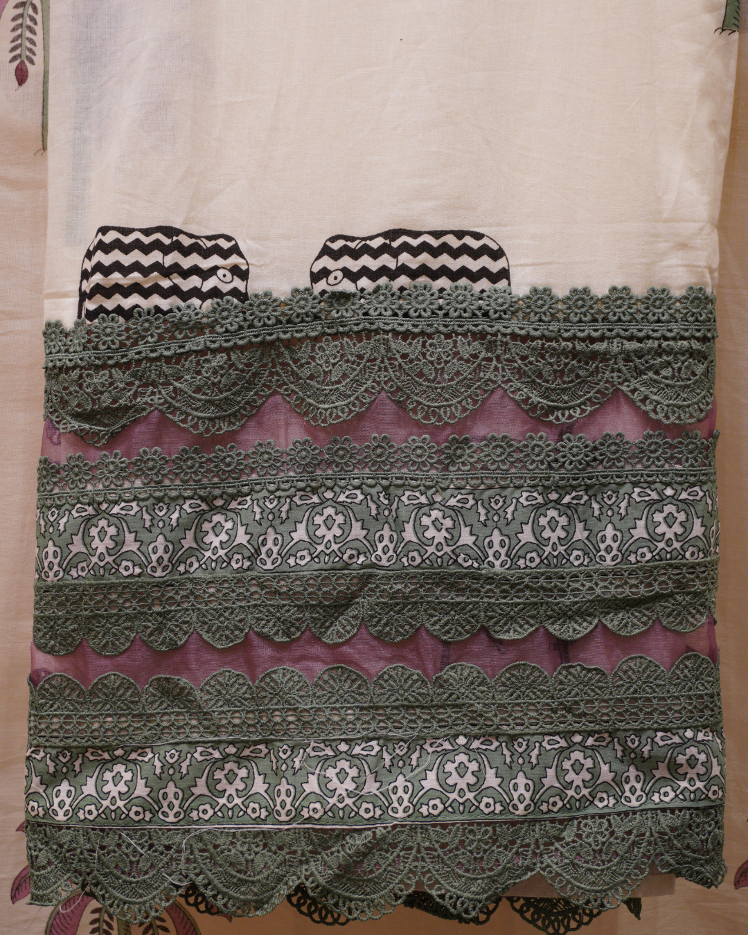 Ivory Printed Cotton Unstitched Suit with Sage Green Lace Detailing & Dupatta