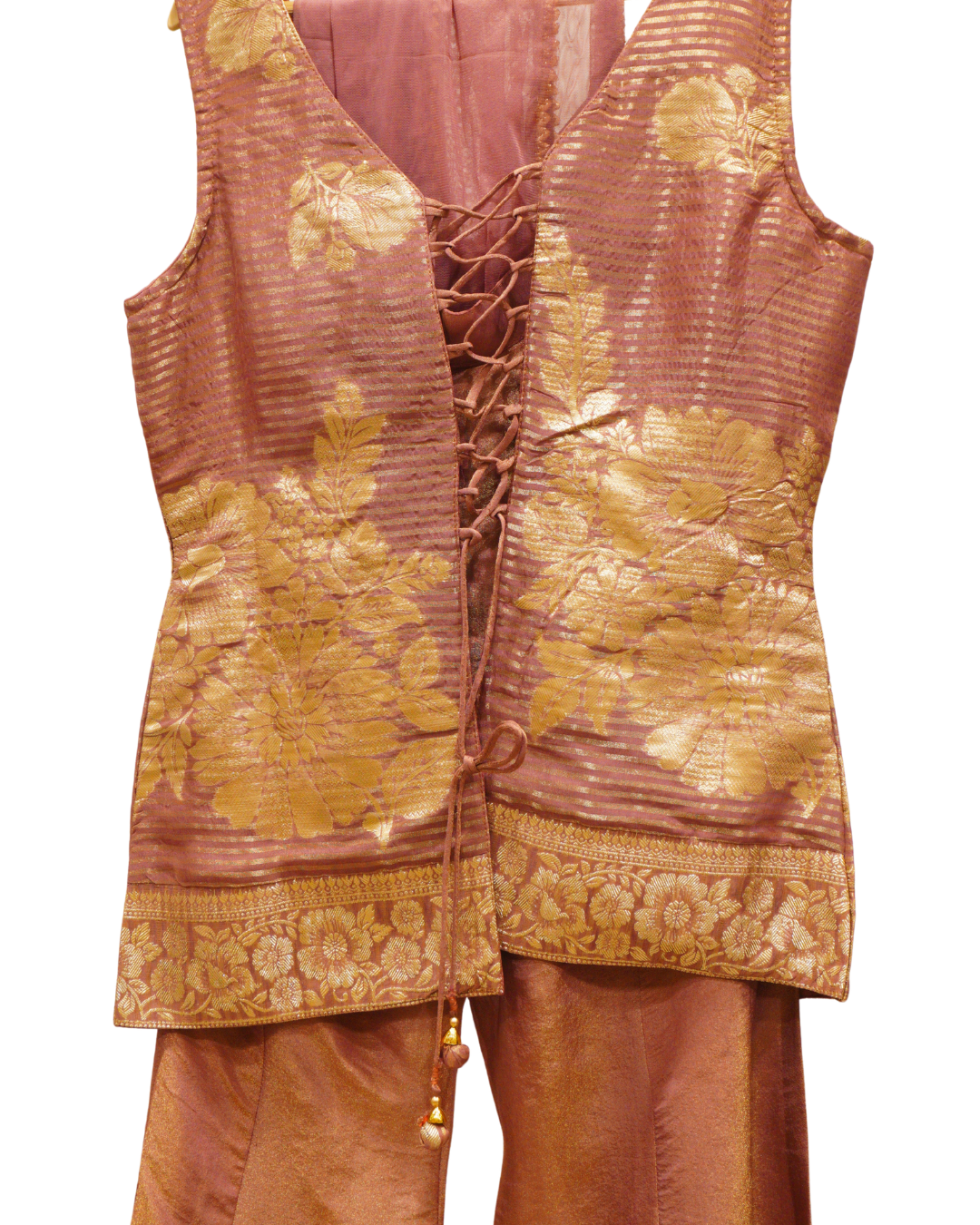 Regal Golden Embroidered Shimmer Backless Sharara Suit with Net Dupatta