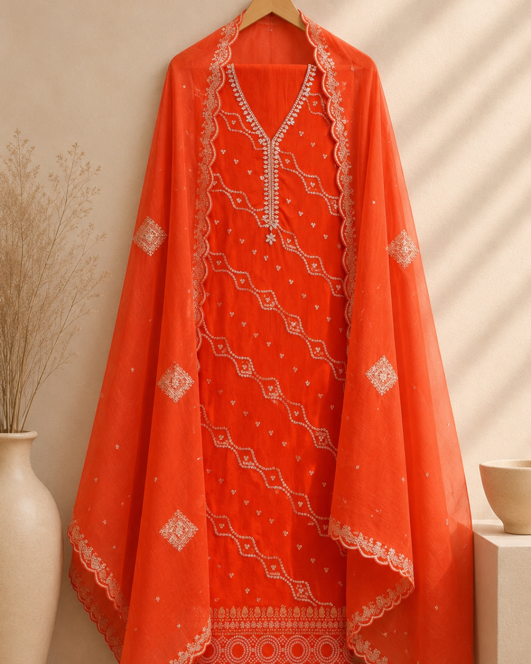 Royal Rouge Embroidered Chinon Suit Set with Dupatta