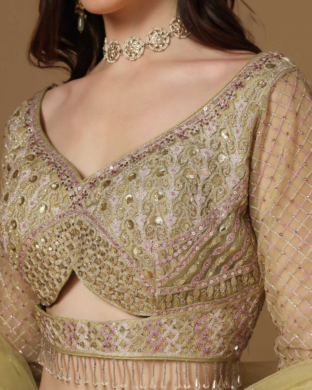 Olive Blush Mirrorwork Lehenga Set