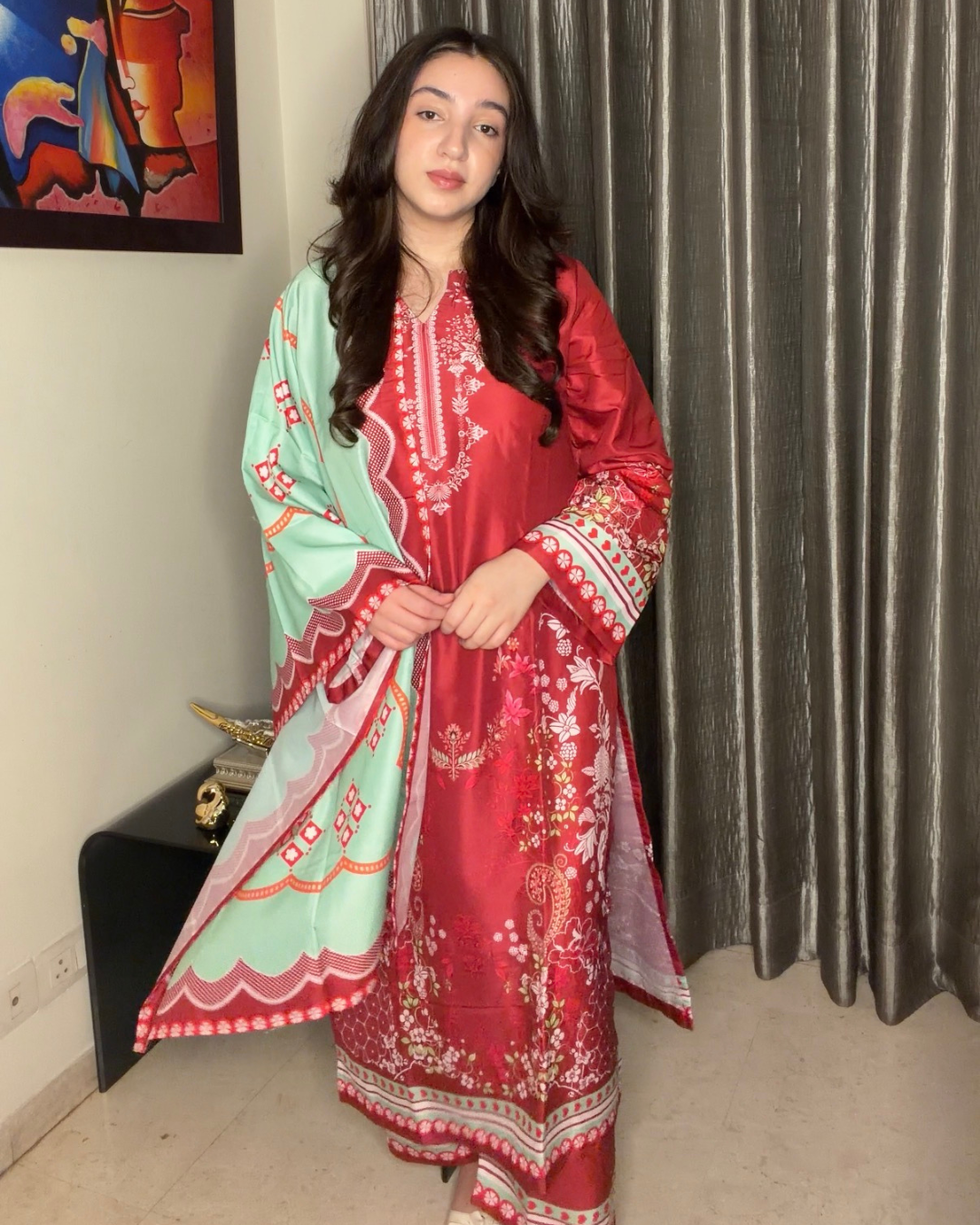 Pakistani Style Premium Maslin Kurta with Contrast Dupatta