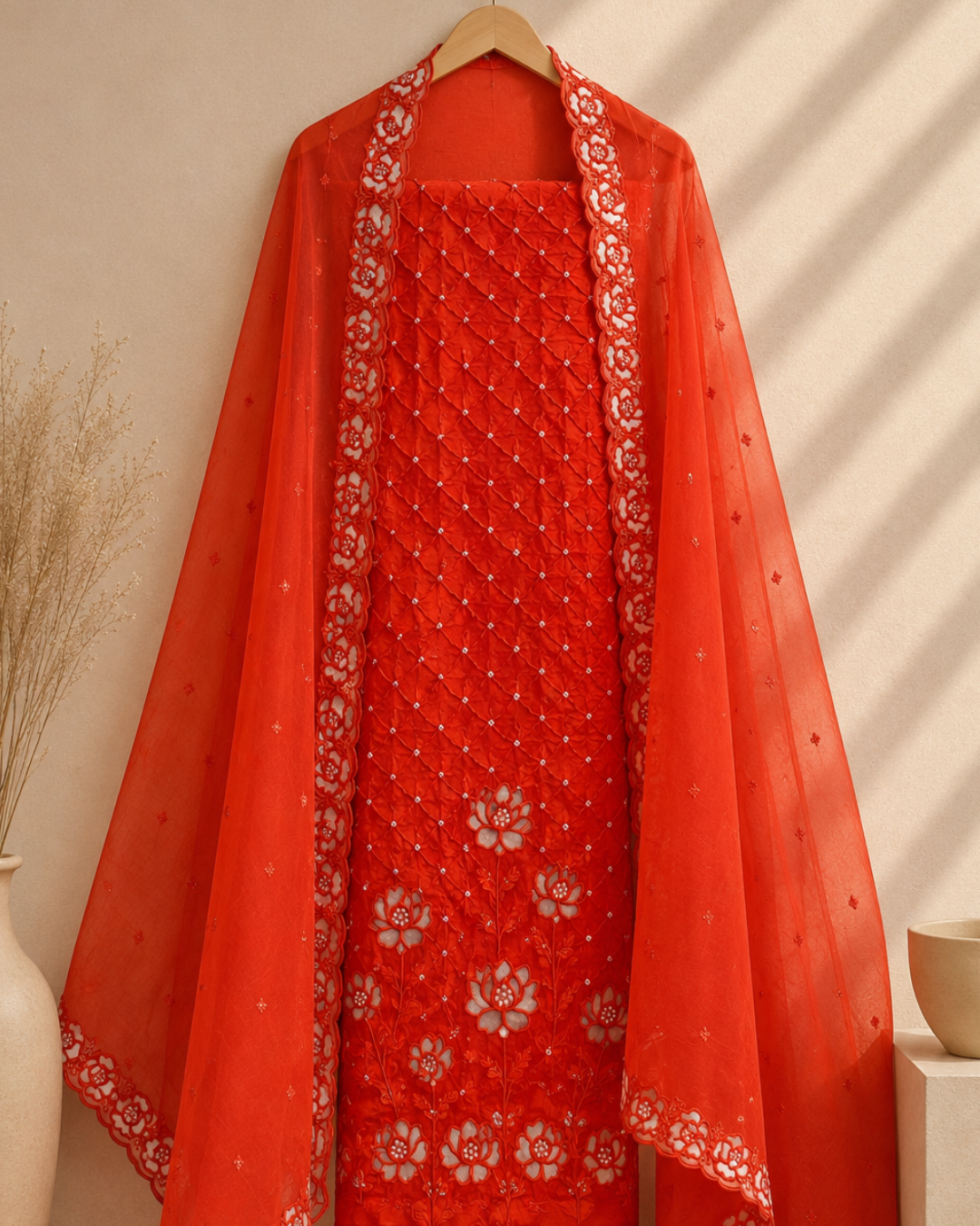 Gulnaar Bandhej Mul Chanderi Unstitched Suit Set