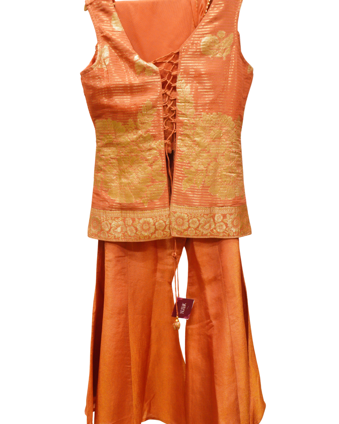 Regal Golden Embroidered Shimmer Backless Sharara Suit with Net Dupatta